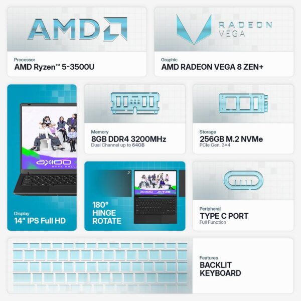 axioo mybook hype 5 amd x3 ryzen 5 3500u/8gb/256gb/fhd ips